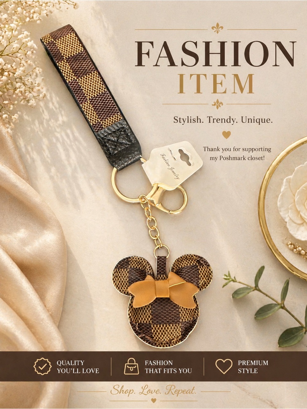🔥🔥🔥FASHION ITEM🔥🔥🔥Stylish 
Brown Checkered Mouse Keychain Wristlet with Gold Bow